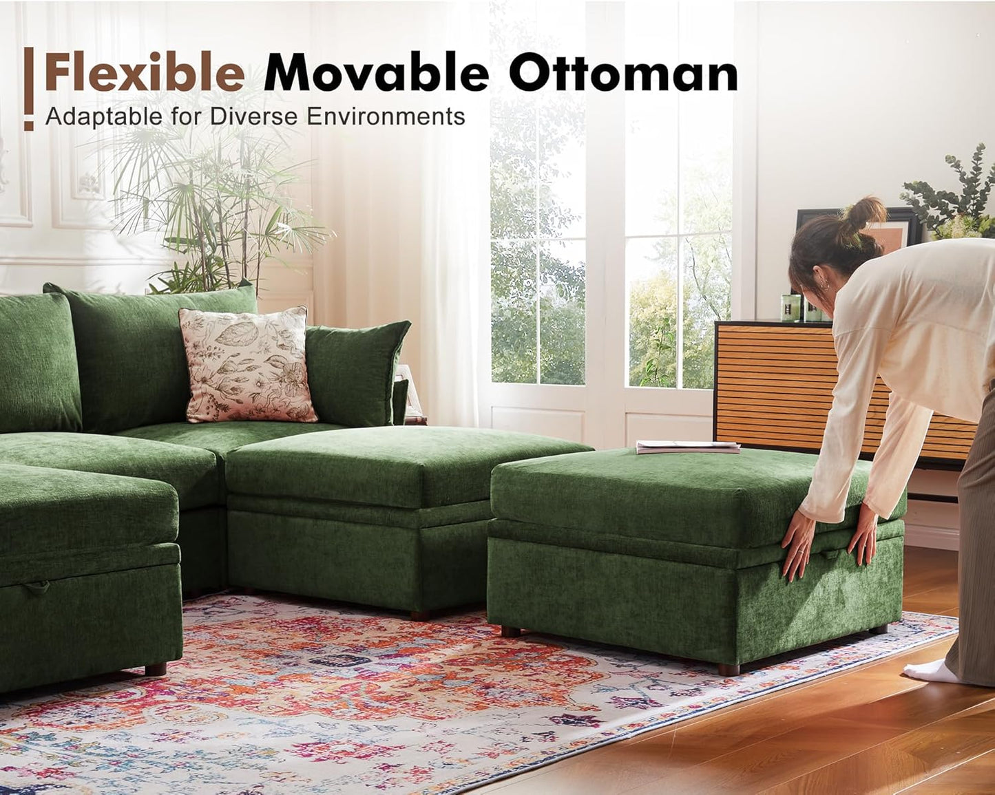 Luxury Modular Sectional Sofa, L-Shaped 3-Seat Couch with Storage Ottoman Deep Seat & Reversible Chaise Lounge Chenille Green for Compact Spaces, Apartments, Dorm