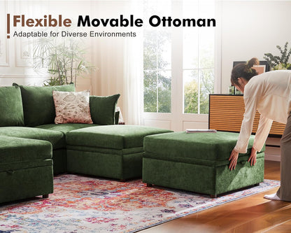 Luxury Modular Sectional Sofa, L-Shaped 3-Seat Couch with Storage Ottoman Deep Seat & Reversible Chaise Lounge Chenille Green for Compact Spaces, Apartments, Dorm