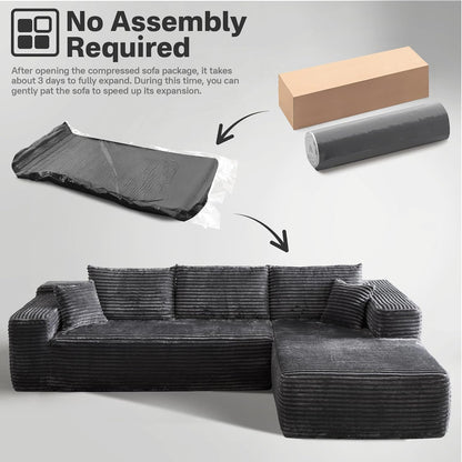 106" Cloud Sectional Couches for Living Room,Plush Corduroy Boneless Couch with Comfy Chaise,L Shaped Sofa in A Box No Assembly Require,Grey