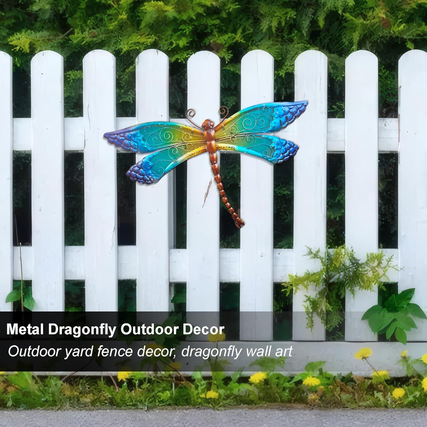 POXOHO Handmade Metal and Glass Dragonfly Wall Decor - Outdoor Garden Fence Art - 15 * 8.6 inches Rustic Scenic Wall Art for Patio, Bedroom, Bathroom Vivid Hanging Decoration