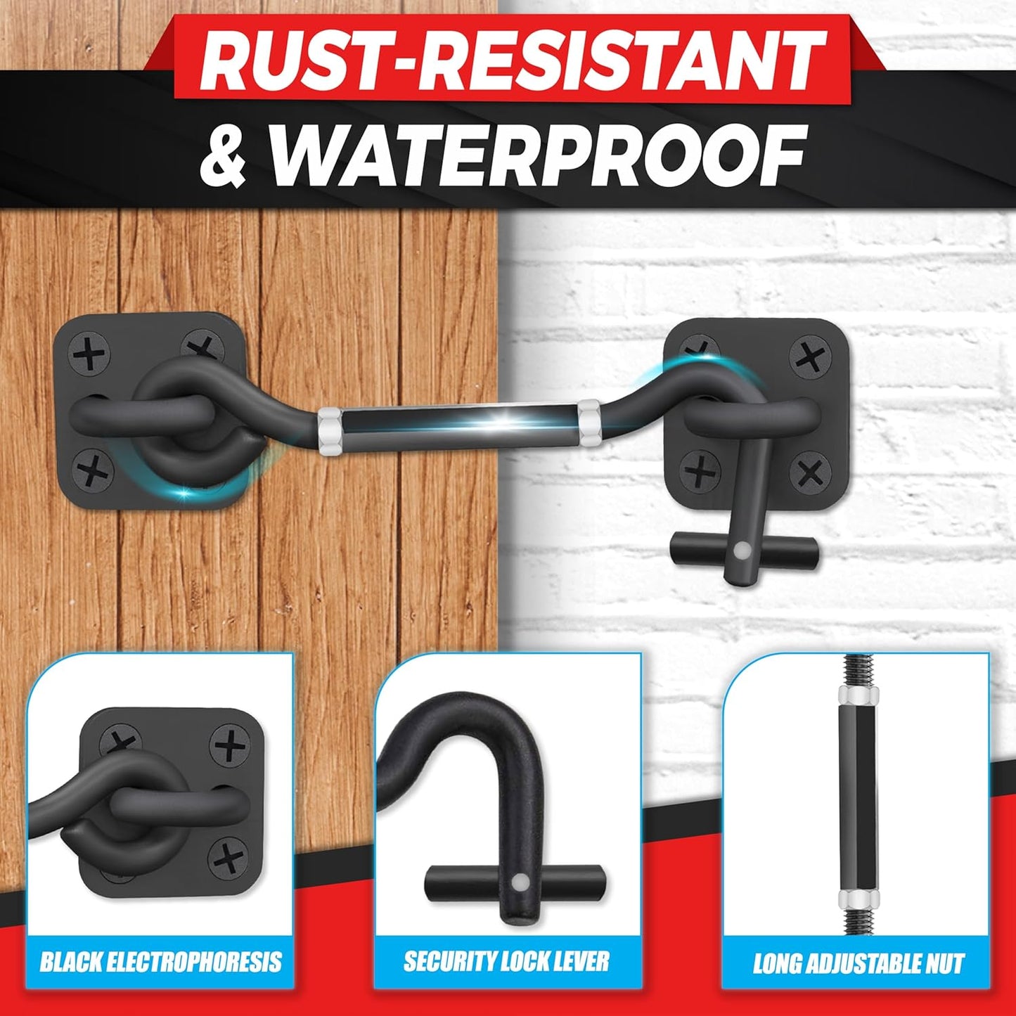 [Upgrade Adjustable] 6”-10” Cabin Hook Eye Latch Gate, Heavy Duty 4 Mounting Points Bracket, Barn Door Lock Latch, Durable Door Swivel Window Hook Lock for Sliding Door, Outdoor, Window, Cabinet