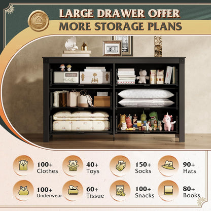 WLIVE Farmhouse Black Dresser for Bedroom, 53.07'' Wide 6 Drawer Wood Dresser, Chest of Drawers with Double Rustic Handle, TV Stand for 60 inch TV, Modern Clothes Organizer for Living Room, Hallway