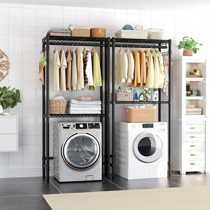 Over Washer and Dryer Shelves,2 Tier Adjustable Height Wire Shelving Laundry Room Storage Organization Clothes Drying Rack with Hanger Rod&Hooks,Space Saving Organizers Shelf,Black