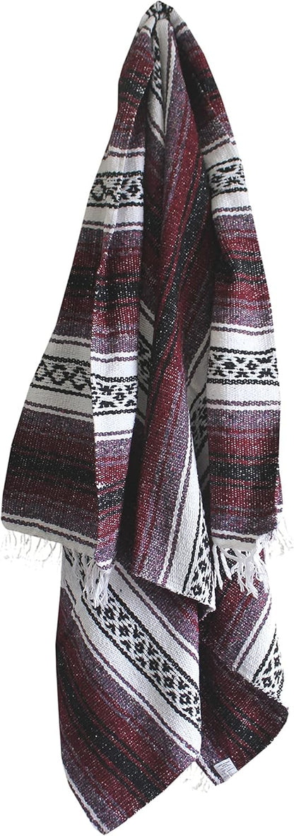 Del Mex Classic Mexican Blanket, Large Authentic Woven Falsa Throw (70"x50"), Artisan Southwest Décor for Beach, Yoga, Outdoors (Burgundy)