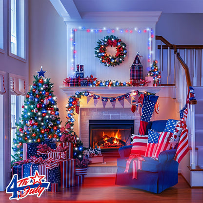 JMEXSUSS 2 Pack Red White and Blue Lights Outdoor, 33ft 100 LED 4th of July Lights Battery Operated, 8 Modes Patriotic Decorations for Indoor Outside Independence Day American Flag Holiday