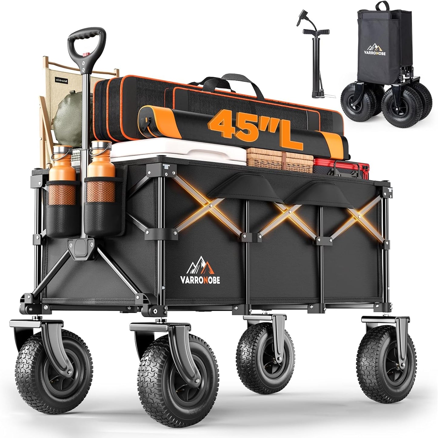 Beach Wagon with 10x3.5 Big Rubber Wheels for Sand, 400lbs Heavy Duty 220L Collapsible Utility Wagon, Easy Transport & Storage, Ideal for Sport, Camping, All-Terrain Outdoor Activities, Black