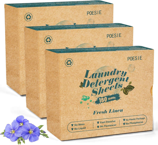 Poesie Laundry Detergent Sheets Fresh Linen Scent 3 Pack 480 Strips Plastic Free Fast Dissolve Washing for All Washing Machine Traveling Dorm Life Save Space
