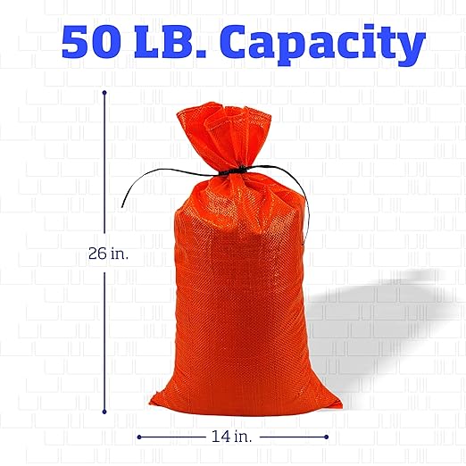 DURASACK Heavy Duty Sand Bags with Tie Strings Empty Woven Polypropylene Sand-Bags for Flood Control with 1600 Hours of UV Protection, 50 lbs Capacity, 14x26 inches, Orange, 18000 Count