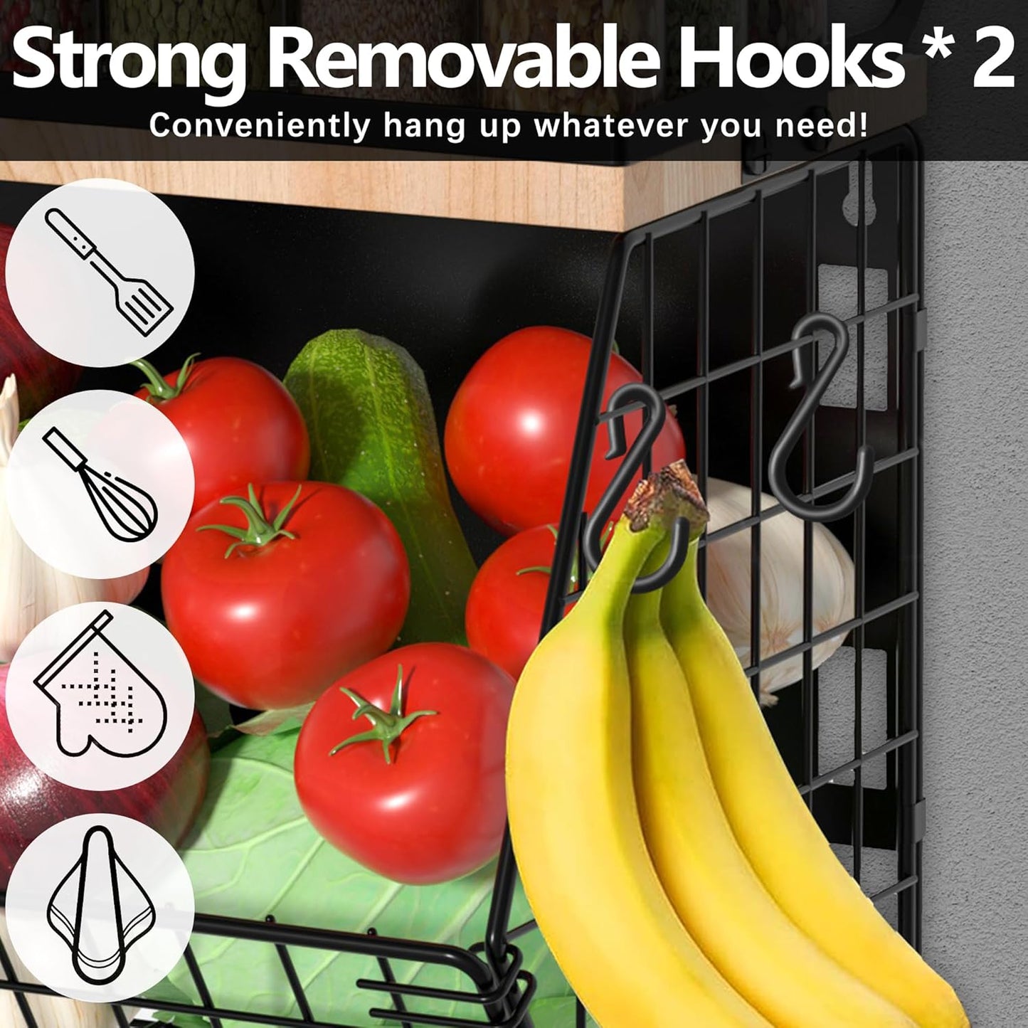 Magnetic Spice Rack for Refrigerator, Fruit, Potato & Onion Storage Bin,Large Capacity Magnetic Shelves for Side of Refrigerator, Kitchen Organizers and Storage Countertop,2 Pack Black