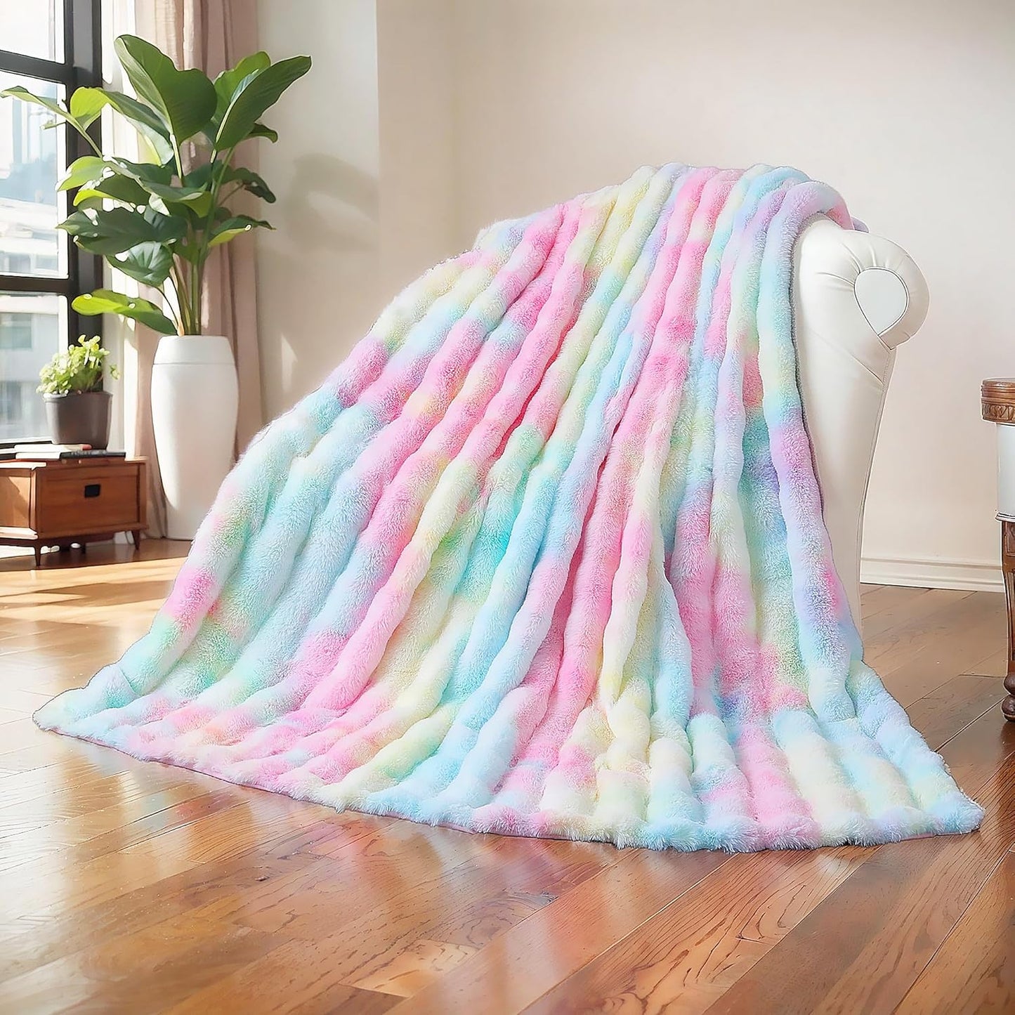 UKELER Colorful Plush Furry Throw Blanket 50''x60'', Super Soft Cozy Warm Blanket for Bed, Couch, Sofa, Office, Camping Shaggy Faux Fur Blanket Gift for Girls, Women