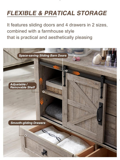 T4TREAM 48'' Farmhouse Dresser for Bedroom w/4 Drawers & Sliding Barn Doors, Tall Chest of Drawers, Rustic Dresser TV Stand w/Shelf, Organizer for Bedroom, Living Room, Foyer,Light Rustic Oak