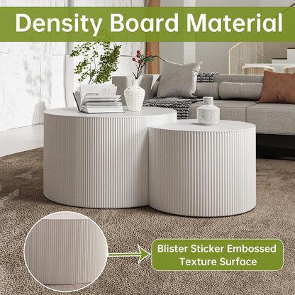 Round Nesting Coffee Table Modern White Fluted Coffee Table Set of 2 for Living Room Circle Drum Coffee Tables Round Nesting Tables Crescent Side Accent End Table for Small Space (White A 27in)