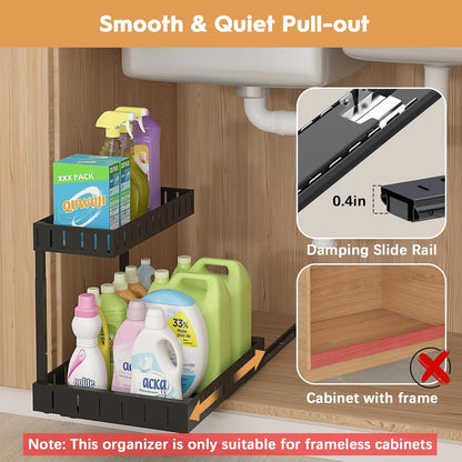 REALINN Under Sink Organizer, 2 Tier Expandable Under Cabinet Organizer, Heights Adjustable Pull Out Storage for Kitchen Bathroom Laundry, Black, 2 Pack