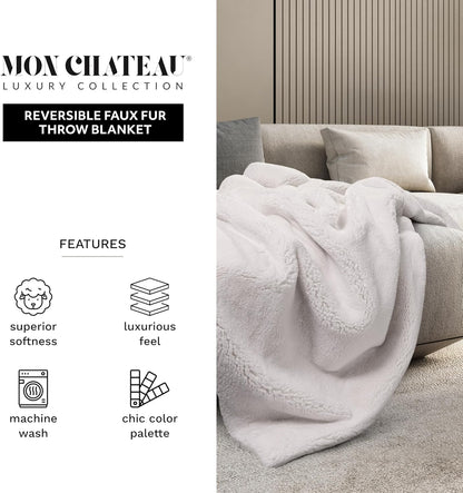 Mon Chateau Luxury Ultimate Plush Faux Fur Throw with 6cm Foldover for Couch, Sofa, or Bed - Plush Ultra Soft Blanket for Sleeping or Home Décor, 60" x 70" (Foldover Ivory)