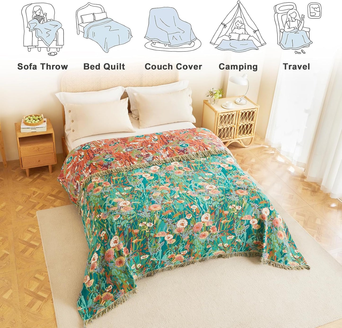 MSGKV Boho Throw Blanket for Couch Bed Chair 100% Cotton Muslin Breathable Floral Blanket 50"x60" Sofa Blankets for All Seasons Lightweight Farmhouse Blankets Boho Home Decor