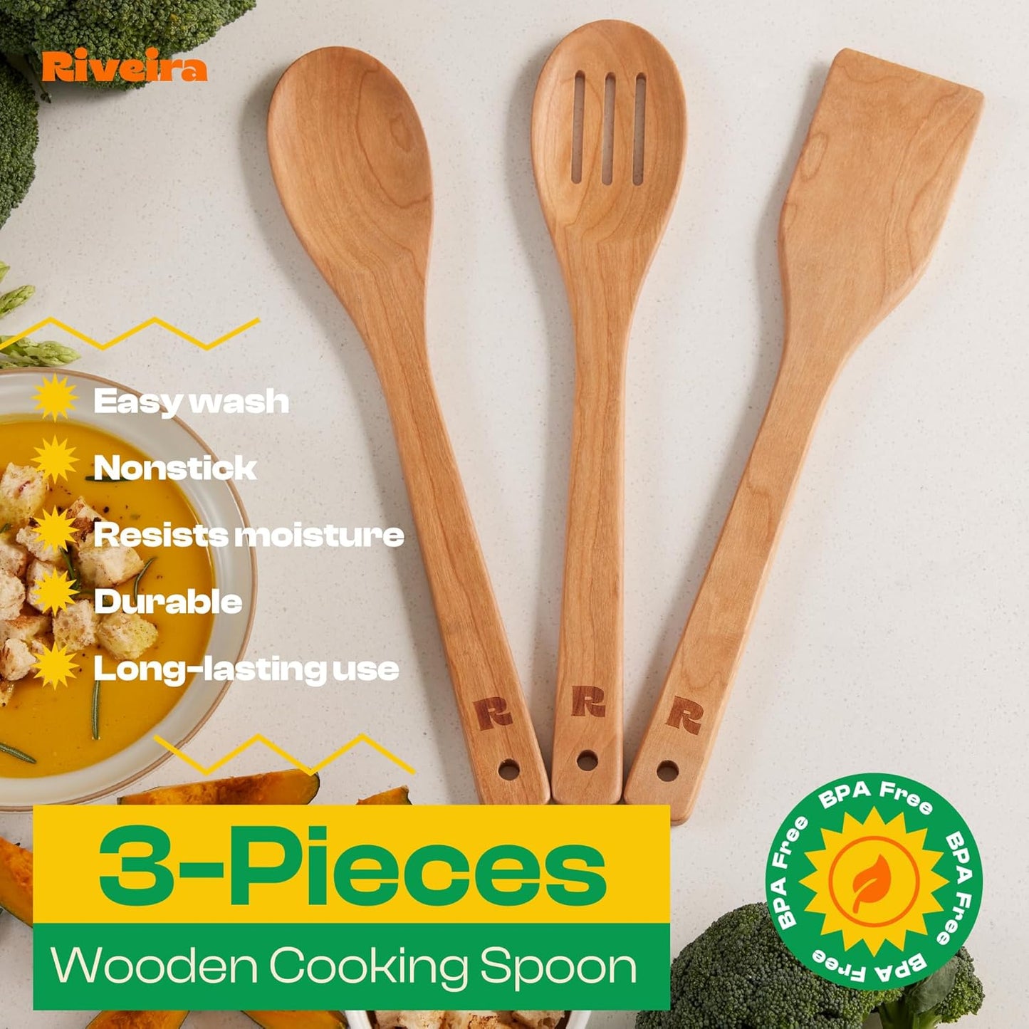 Riveira Cherry Wooden Spoons for Cooking Set of 3 – Natural Cherry Wooden Cooking Utensils, Wooden Spatula, Wooden Spoon - Premium Quality Wooden Utensil Set for Non-Toxic Cooking