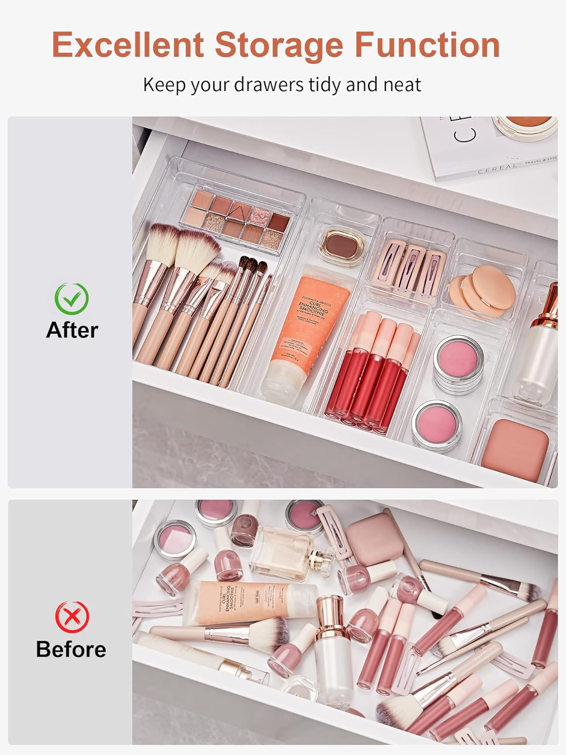 SMARTAKE 29-Piece Drawer Organizer with Non-Slip Silicone Pads, 4-Size Desk Drawer Organizer Trays Storage Tray for Makeup, Jewelries, Utensils in Bedroom Dresser, Office and Kitchen (Clear)