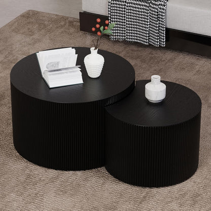 Round Nesting Coffee Table Wood Drum Nesting Tables Modern Stacking Coffee Table Set of 2 Fluted Center Table End Table for Living Room Home Office Small Spaces, No Assembling (Black Crescent)