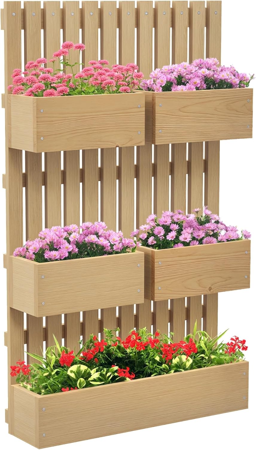 Outsunny 5 Box Raised Garden Bed with Trellis for Vine Flowers & Climbing Plants, 39" Tall Wall-Mounted Wood Planter Box Set with Adjustable Height, Drainage Hole, Natural