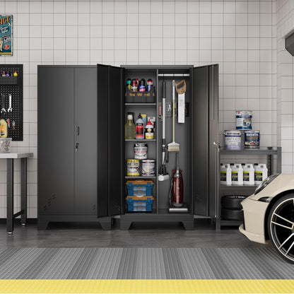 Metal Storage Cabinet with Locking Doors, 61" Tall Garage with Hanging Rod, Broom Closet, Freestanding Bathroom Storage Cabinet, Cleaning Tool,Black