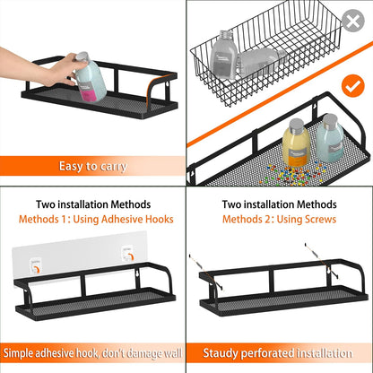 PUSDON Hanging Storage Baskets Organizer Wall Mount, Metal Wire Storage Bin Rack for Kitchen Bathroom Shower Spice Shelf Home Decor Essentials Black-2 Packs (Hollowout)