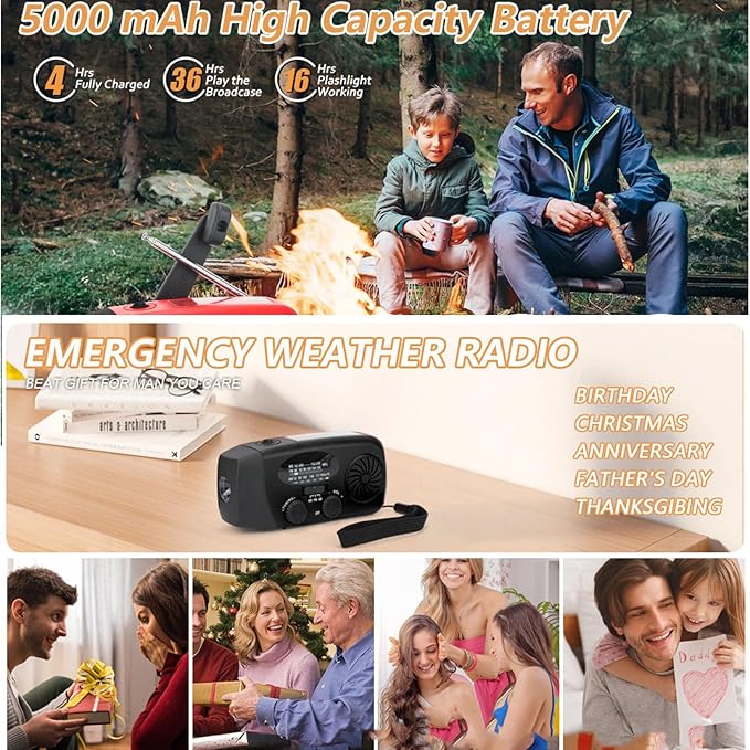 Solar Hand Crank Radio, 6000mAh Portable Emergency FM AM WB Weather Radio with LED Flashlight for Home Outdoor (Black)