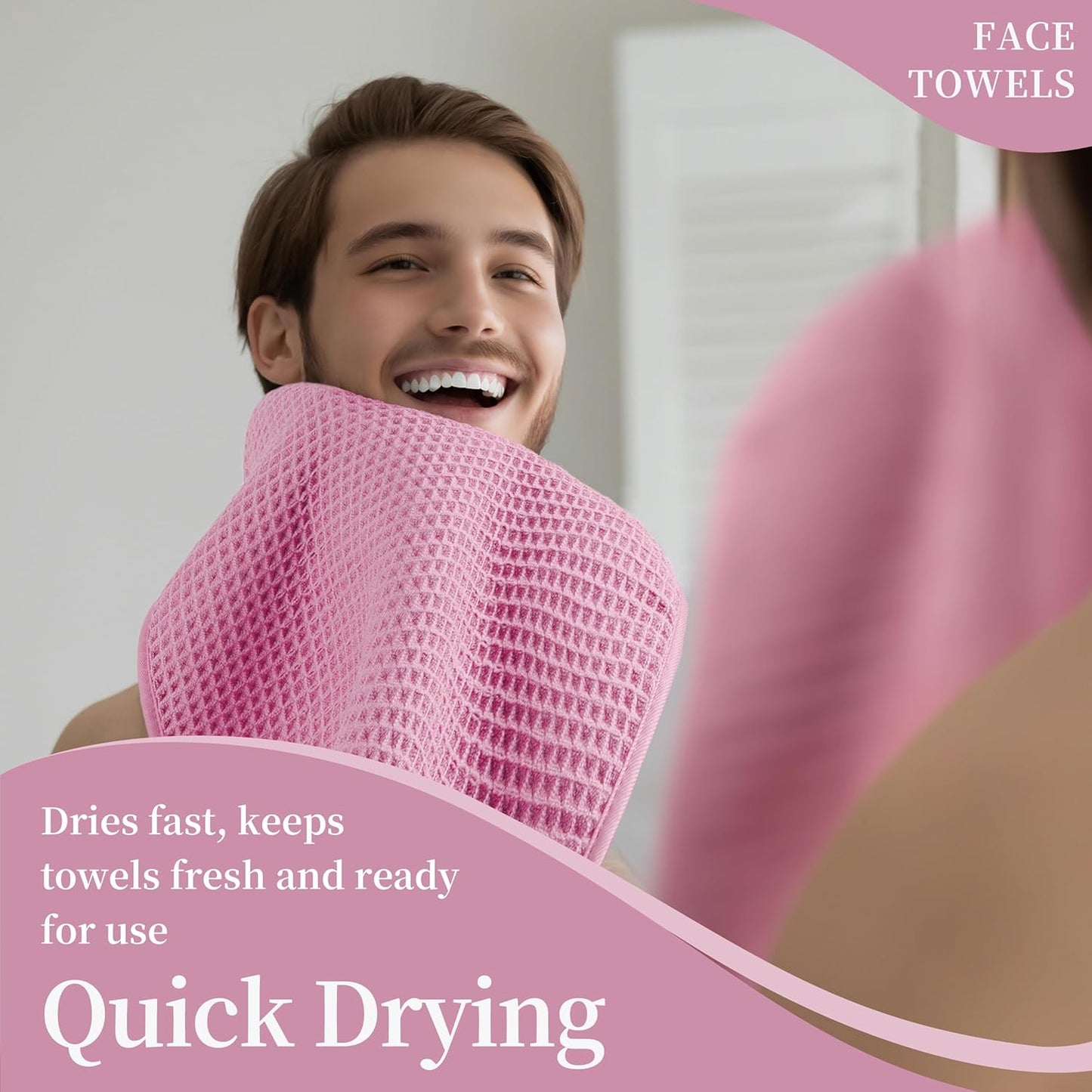 Microfiber Waffle Face Towels, 2 Pieces, Soft, Absorbent, Fast Drying, Lint Free (Pink)
