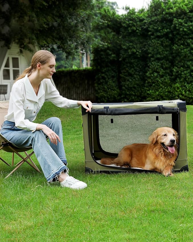 24-Inch Collapsible Travel Dog Crate, Portable 4-Door Soft Kennel for Medium to Large Dogs, Chew-Proof Mesh Windows, Indoor/Outdoor Use, Foldable, with Storage Bag (Green)