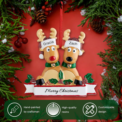 Personalized Christmas Ornaments 2025, Custom Reindeer Family Ornaments for Trees with Names, Handcrafted Christmas Deer Decorations for 2-8 Members, Meaningful Xmas Family of 2