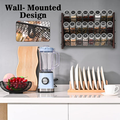 Spice Rack Organizer for Cabinet, Spice Organizer with 24 Empty Spice Jars, 180 Spice Labels, Wooden Spice Jar Organizer, Seasoning Organizer for Cabinet Kitchen, Pantry, Countertop or Wall Mount