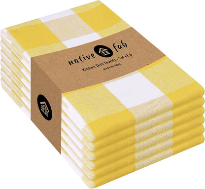 Native Fab Yellow Buffalo Dish Towel 16"x26", Set of 6 - Cotton Plaid Towels, Soft Absorbent Dishcloths with Hanging Loop, Kitchen Towels for Quick Drying - Yellow White