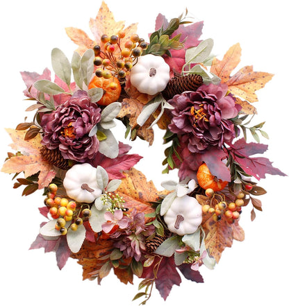 20Inch Fall Wreaths for Front Door,Fall Wreath,Fall Decorations for Home,Autumn Wreaths with White Pumpkins Peony Pine Cones, Fall Door Wreath for Thanksgiving Halloween Indoor Outdoor Decor