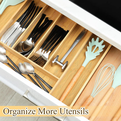 7 Pcs Adjustable Bamboo Drawer Dividers Expandable Drawer Organizers Cutlery Tray Spring Separators Organization for Kitchen Bedroom Bathroom Dresser Office