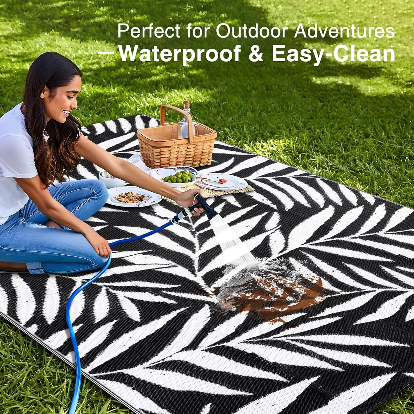 OLANLY Waterproof Outdoor Rug 5x8 ft, Reversible Outdoor Plastic Straw Rug with Leaf Pattern, RV Mat, Indoor Outdoor Carpet for Patio, Camping, Balcony, Deck, Backyard, Black & White