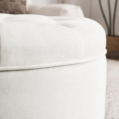 30-Inch Large Round Ottoman, Tufted Coffee Table with Removable Lid Top, Upholstered Footrest Modern Button Circle Storage Ottoman for Living Room, Office, Ivory
