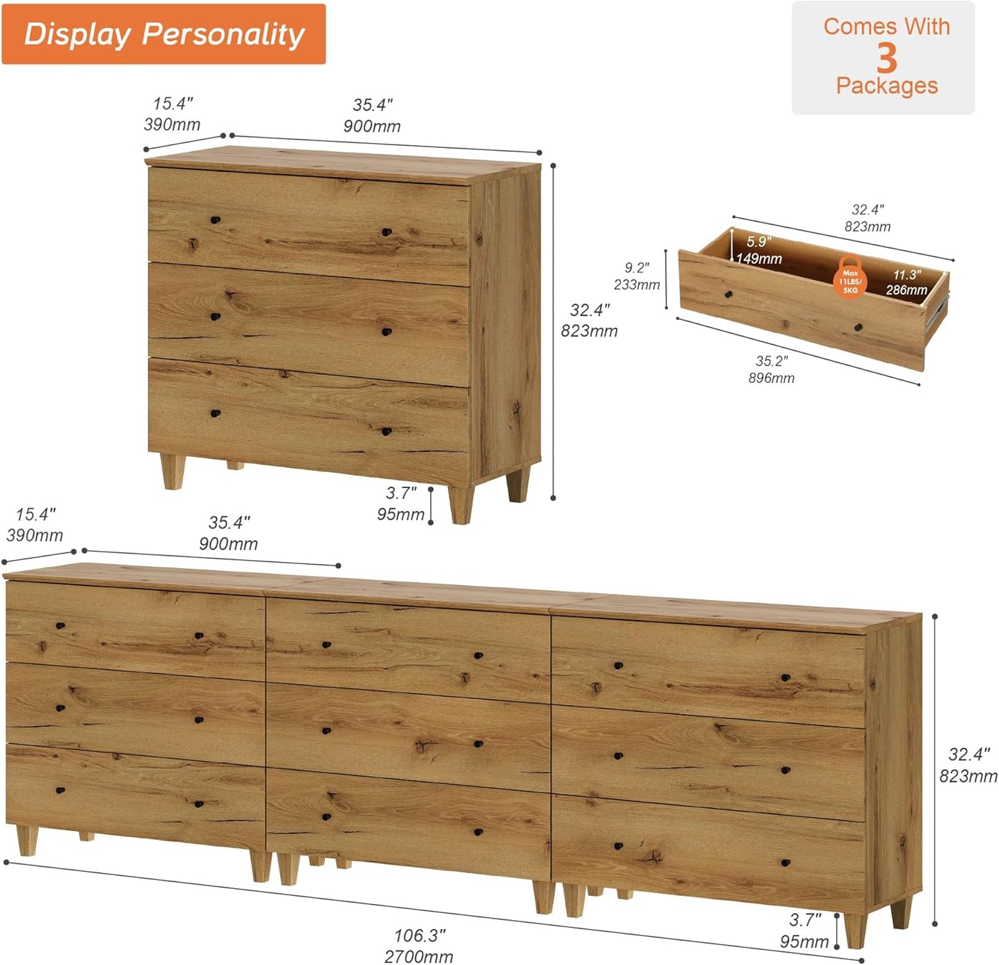 WAMPAT Dresser with 9 Drawers, Bedroom 3-in-1 Wide Wooden Chest of Drawers, Modern Long Dressers Closet Storage Organizer w/Solid Wood Legs for Living Room, Kids Room, Oak Brown,106 Inches