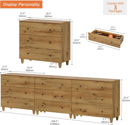 WAMPAT Dresser with 9 Drawers, Bedroom 3-in-1 Wide Wooden Chest of Drawers, Modern Long Dressers Closet Storage Organizer w/Solid Wood Legs for Living Room, Kids Room, Oak Brown,106 Inches