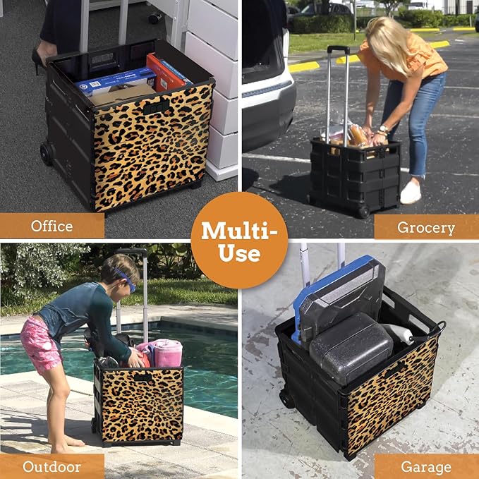 Inspired Living Ultra-Slim Rolling Collapsible Storage Pack-N-Roll Utility-carts, with Telescopic Handle, for Home, Garden, Shopping, Office, School use, Large, Leopard