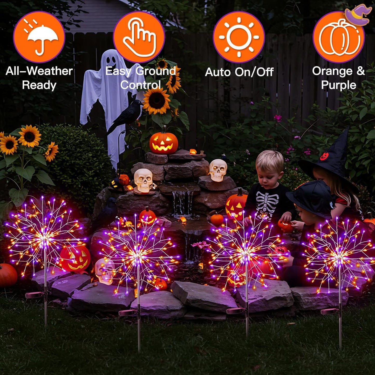 suddus Solar Halloween Lights Outdoor Solar Powered, Upgrade 2-Pack Orange & Purple Solar Firework Lights, Waterproof Garden Light for Yard Pathway Patio Flowerbed Halloween Decorations