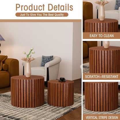 Round Coffee Table Set of 2, Nesting Coffee Table and End Table Set Small Circle Drum Side Table for Living Room Office, No Assembly (C Walnut Small)