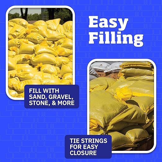 DURASACK Heavy Duty Sand Bags with Tie Strings Empty Woven Polypropylene Sand-Bags for Flood Control with 1600 Hours of UV Protection, 50 lbs Capacity, 14x26 inches, Yellow, Pack of 10
