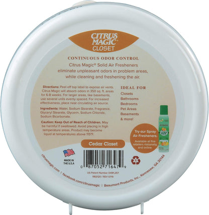 Citrus Magic Odor Absorbing Solid Air Freshener for Closets, Cedar, 8-Ounce, Pack of 3