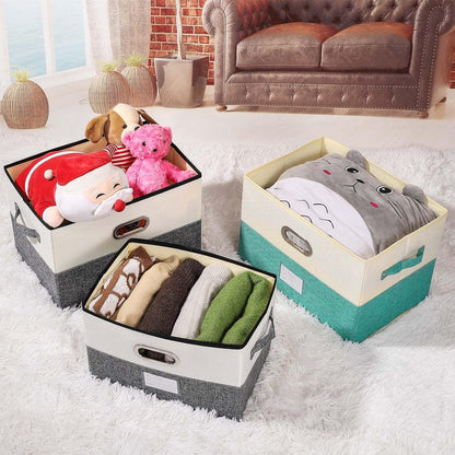 Large Linen Fabric Foldable Storage Bins with Removable Lid and Handles, Washable Storage Box Organizer Containers Baskets Cube with Cover for Bedroom,Office (Black&White, Medium(2-Pack))