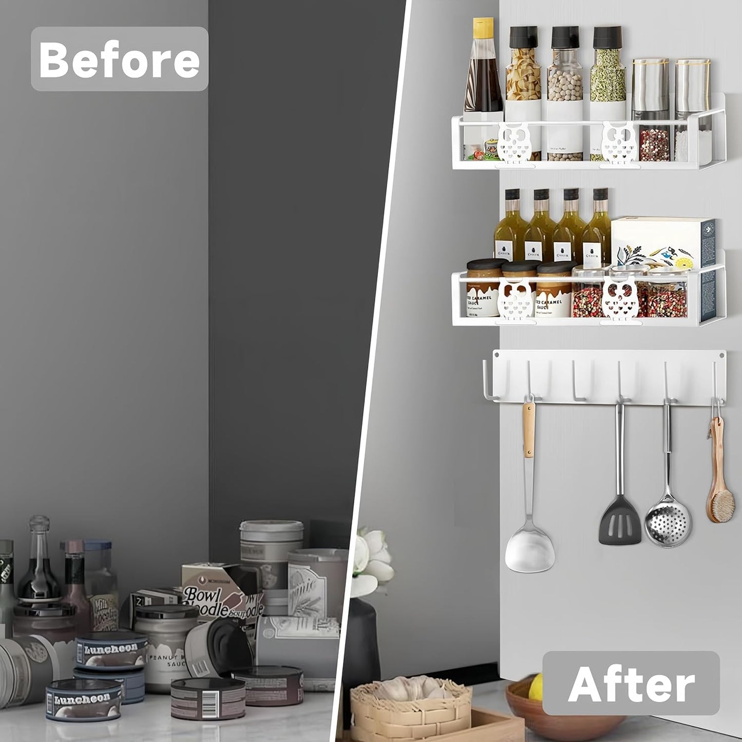 Magnetic Spice Rack,Magnetic Shelf for Fridge,Spice Organizer,Fridge Organizer,Kitchen Storage Organization with Magnetic Hooks,Owl Home Decor(White)