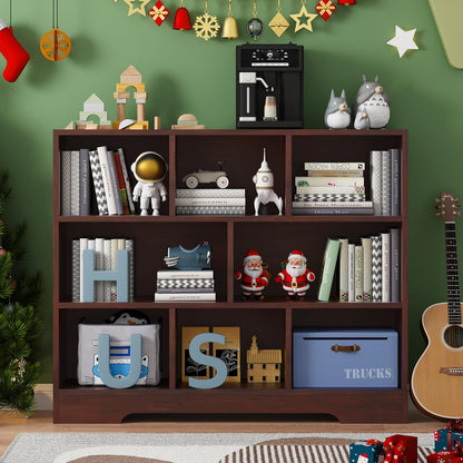 Book Shelf Set of 2, 8 Cubes Storage Organizer, 3-Tier Open Bookshelf Wooden Bookcase, Freestanding Cherry Bookshelf Cube Shelf for Living Room