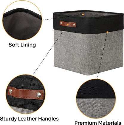 DULLEMELO Storage Bins for Organizing,Closet Storage Baskets for Gift Empty,Large Linen Canvas Storage Bins with Handles for Home Office Toys Shelves(Black&Grey, 13 inch Cube)