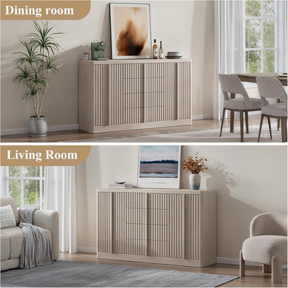 Buffet Cabinet with Storage, 120"Fluted Coffee Bar with 8 Drawers & 4 Doors, Modern Sideboard Buffet with Solid Wood Handle, Credenza Storage Cabinet for Kitchen Living Dining Room, Natural Oak(2PCS)