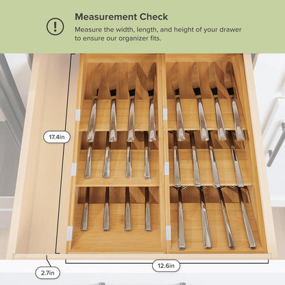 Premium Cutlery, Flatware, and Silverware Drawer Organizer – Slanted 3-Compartment Design with Labeled Slots, Non-Slip Feet, 100% Sustainable Bamboo, 2 Pack