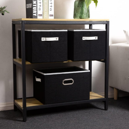 PRANDOM Larger Collapsible Storage Bins for Closet [5-pack] Decorative Linen Fabric Storage Baskets Cubes with Leather/Metal Handles for Living Room Black (17.3x12.2x10.4 Inch)