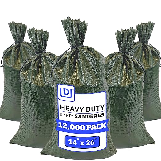 DURASACK Heavy Duty Sand Bags with Tie Strings Empty Woven Polypropylene Sand-Bags for Flood Control with 1600 Hours of UV Protection, 50 lbs Capacity, 14x26 inches, Green, 12000 Count